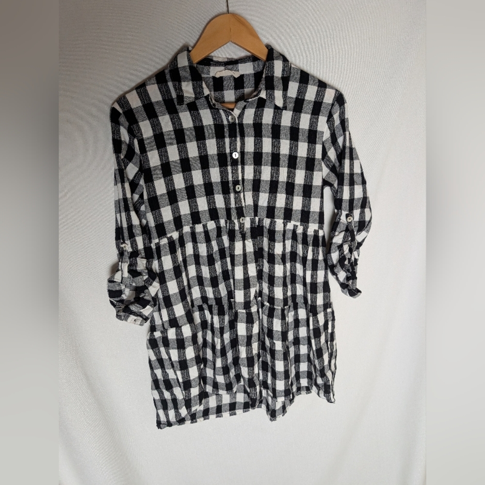 Lovestitch Black And White Gingham Tiered Half Button Down Blouse Size Small